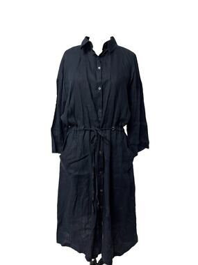 Jigsaw 100% Linen Navy Blue Shirt Dress Pockets Cinch Waist Pockets SZ M